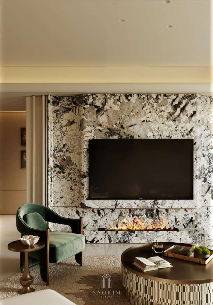 Sự kết hợp giữa marble, gỗ và kim loại champagne tạo nên vẻ sang trọng tinh tế cho thiết kế nội thất Quiet Luxury.